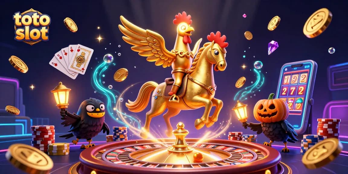 Toto slot excitement is captured in a mystical casino scene with a golden rooster and illuminated treasures