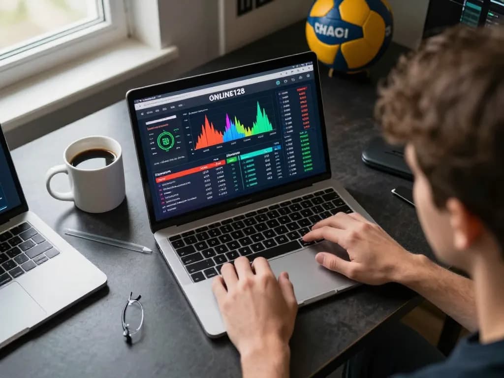 Engaging online sports betting scene with LIVE stats on ONLINE128 interface, capturing the thrill of betting