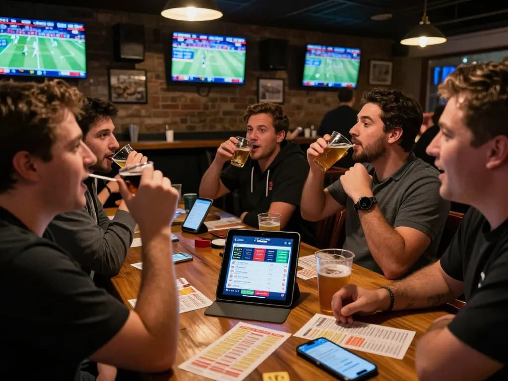 Engaged sports fans using LGOSUPER app to place bets while enjoying a lively atmosphere