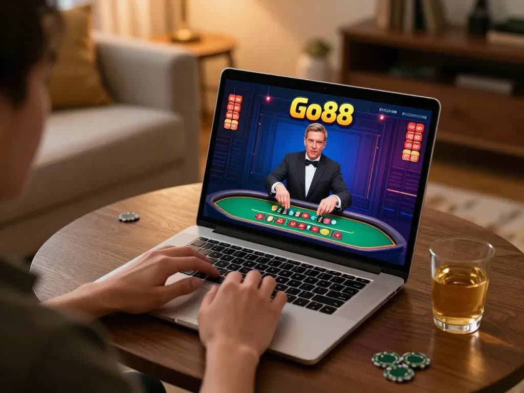 Player enjoying Go88's live blackjack game on a laptop, creating an engaging home gaming atmosphere