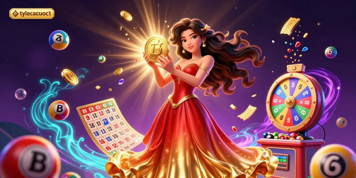 Experience vibrant casino moments with tylecacuoc1 as a dazzling Asian woman holds a golden coin amidst a flurry of winning elements.