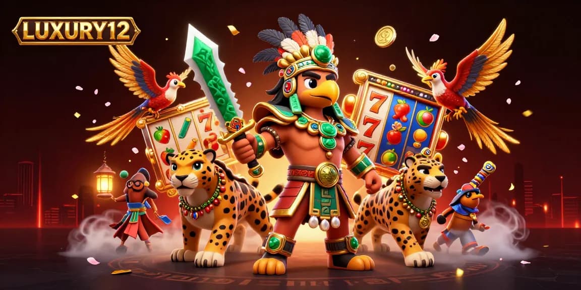 Experience the excitement of winning with LUXURY12 in this vibrant casino-themed illustration featuring slot reels and dynamic game elements.