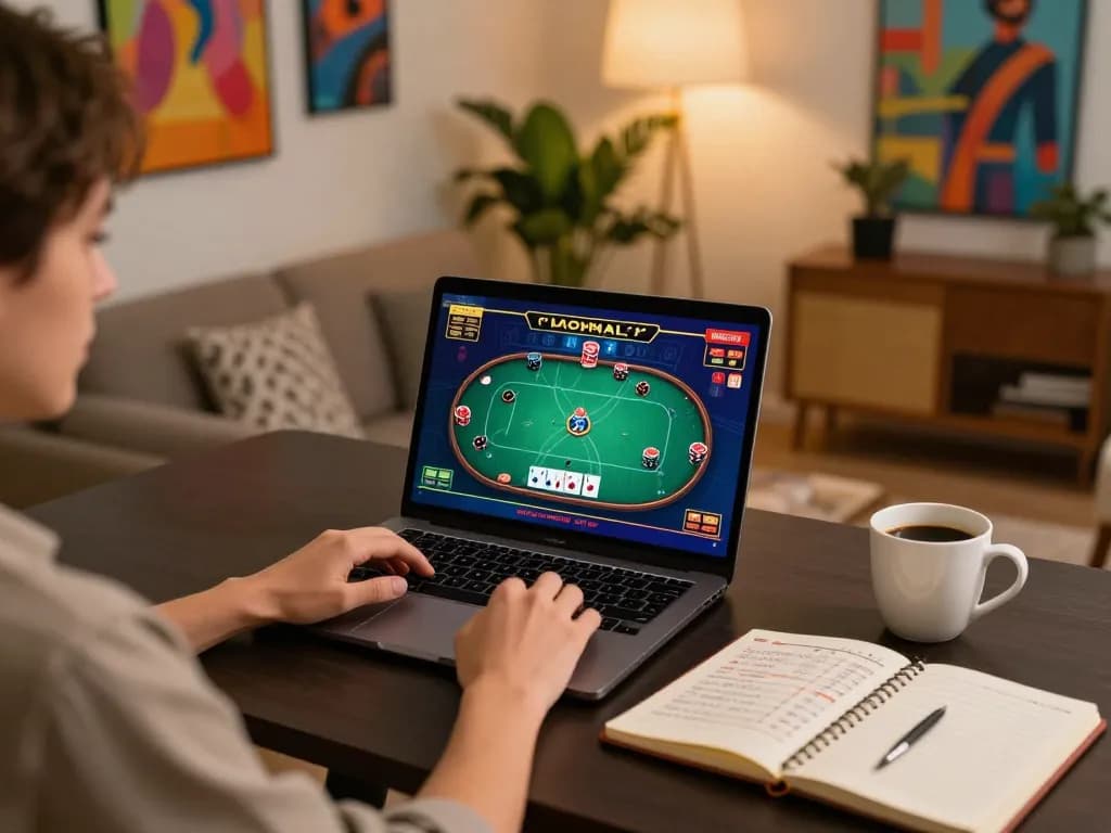 Pemain terlibat dalam poker online di laptop, berbagi strategi dengan wawasan permainan swebee.