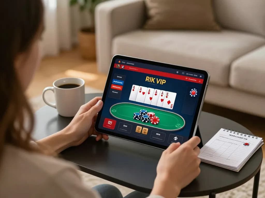 Experience online gambling with rik vip on a tablet in a cozy home setting.