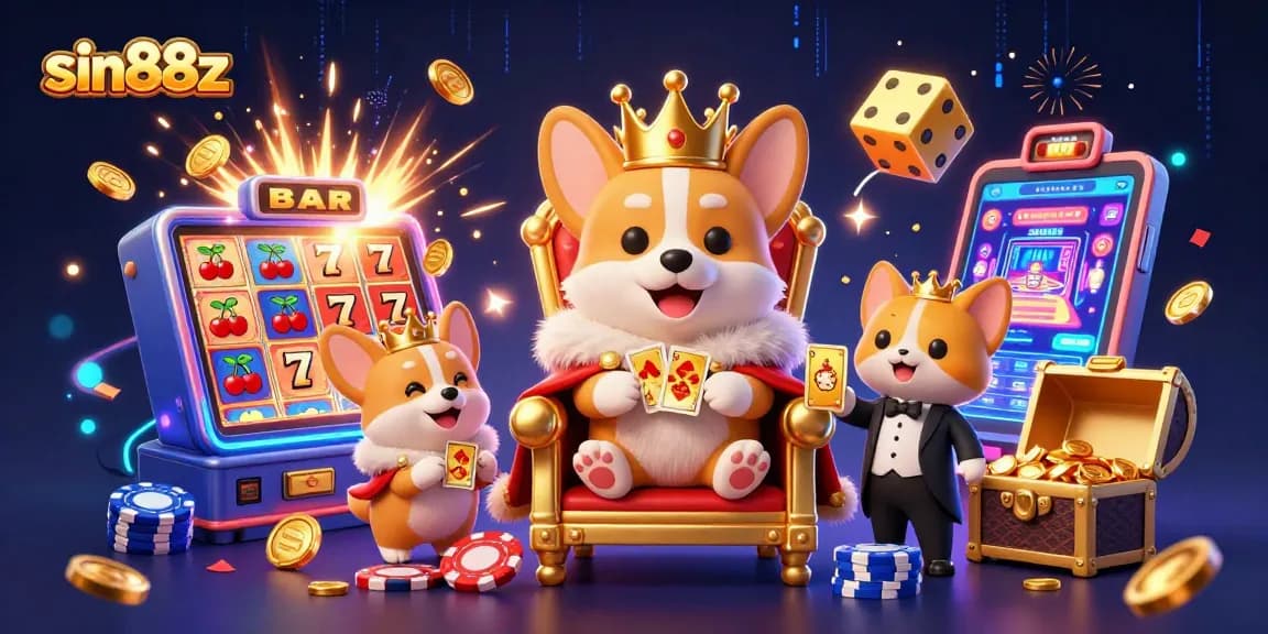 Experience the thrilling world of sin88z with royal corgis and jackpot excitement in this vibrant casino scene.