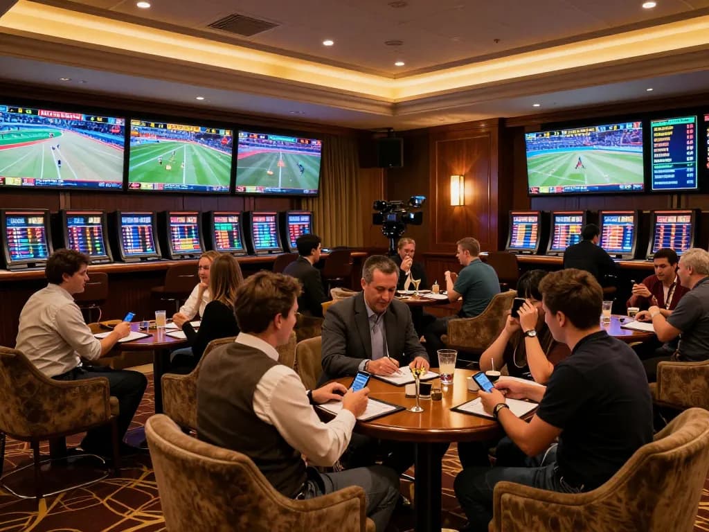 Engaged bettors analyzing sports odds at nhà cái 888VI’s elegant lounge
