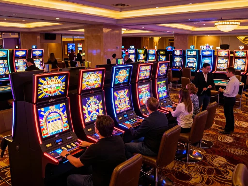Players enjoying exciting slot games at Rikvip casino, colorful machines and lively atmosphere.
