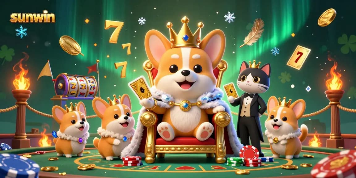 Experience exciting gameplay at Sunwin, featuring a royal corgi in a vibrant casino setting with golden cards and tokens.