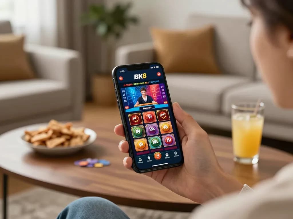 Play engaging games on the BK8 app while relaxing at home with a smartphone and snacks