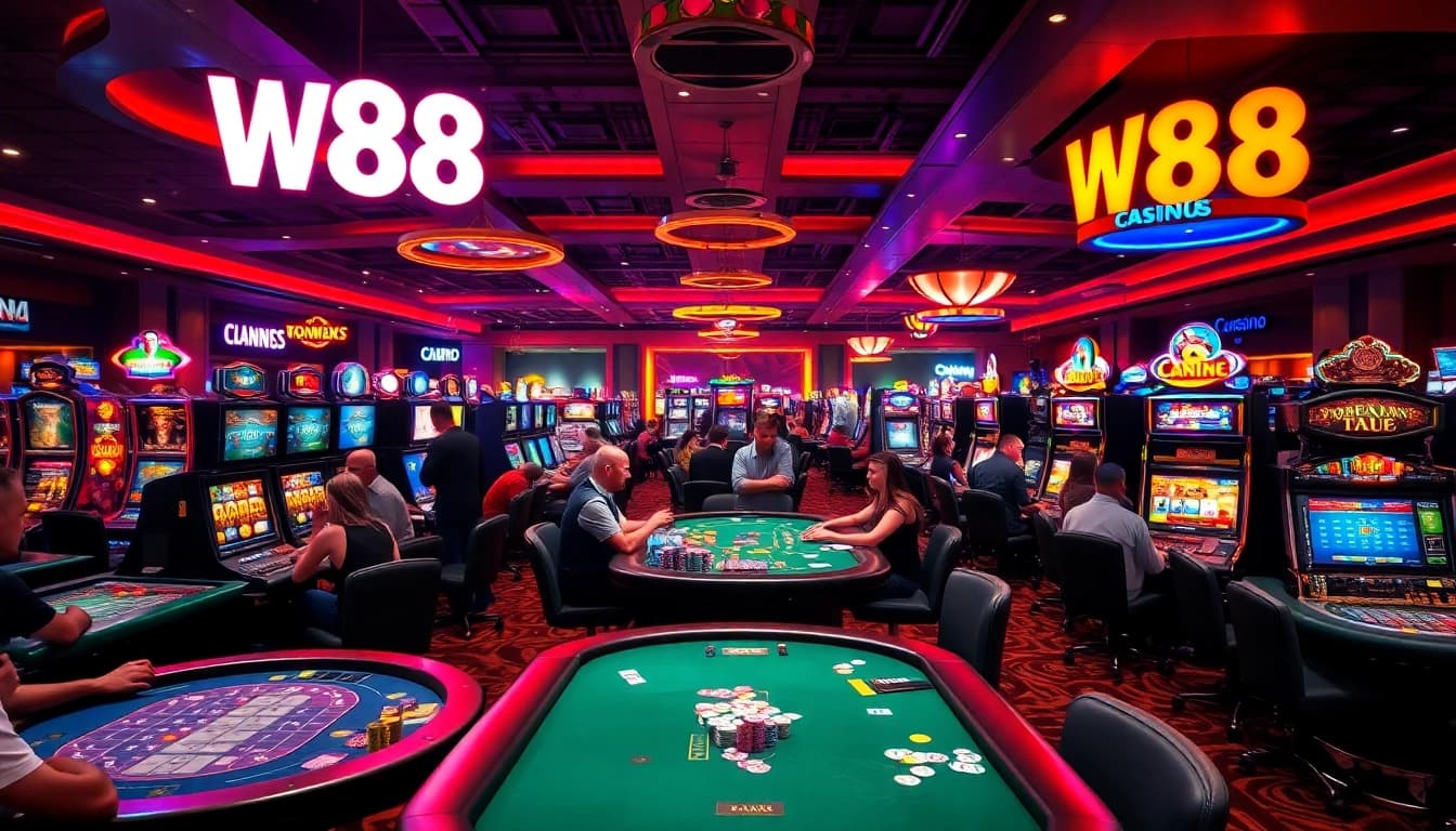 Experience excitement at W88 with vibrant gaming tables and engaging players in a lively casino.
