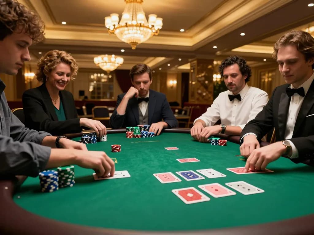 Gamblers engaged in a high-stakes poker game at F168, showcasing vibrant chips and intense focus.