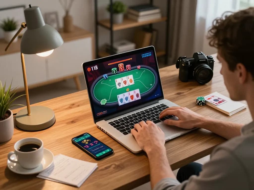 Play poker online at aa88i with a user enjoying a modern setup, showcasing vibrant gameplay.