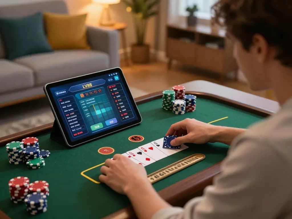 Player strategizing at LV88 online blackjack table in cozy home setting