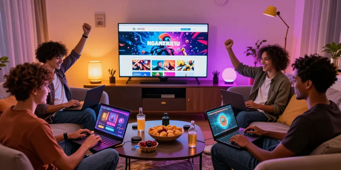 Friends enjoying online gaming at home with NGAMENJITU on screen.