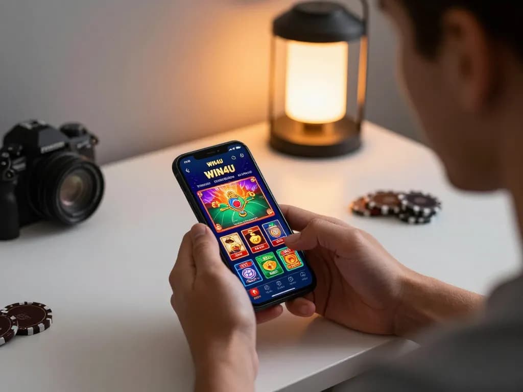 Player engaging with the WIN4U app on their smartphone, capturing thrilling moments in online gaming.