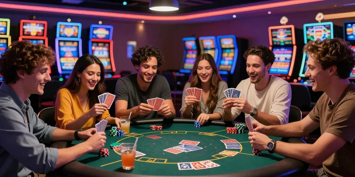 Exciting gaming atmosphere at credit card casinos UK, featuring friends enjoying card games and vibrant slot machines at https://dentalgroups.co.uk.