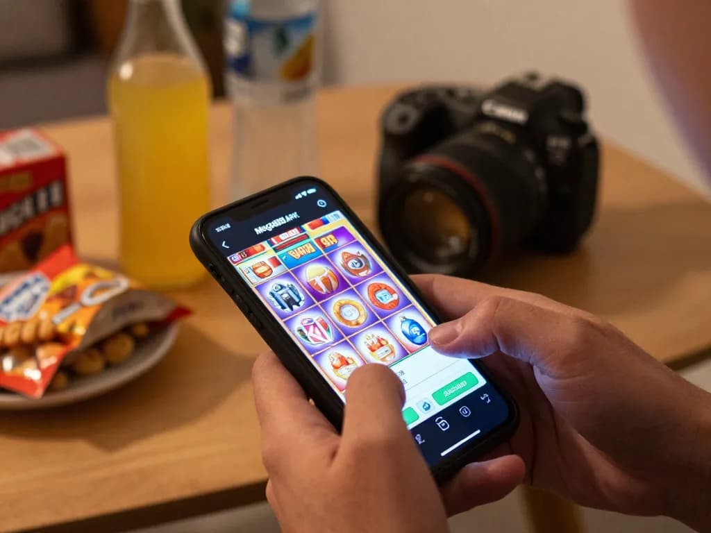 Engaging with mega888 apk on a smartphone in a cozy home setting, highlighting accessible gaming.