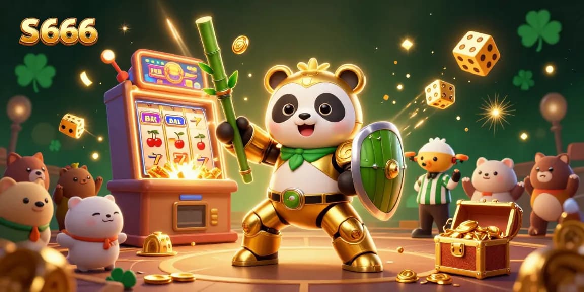 Experience thrilling slots at S 666 with animated golden panda battling for jackpots and prizes.