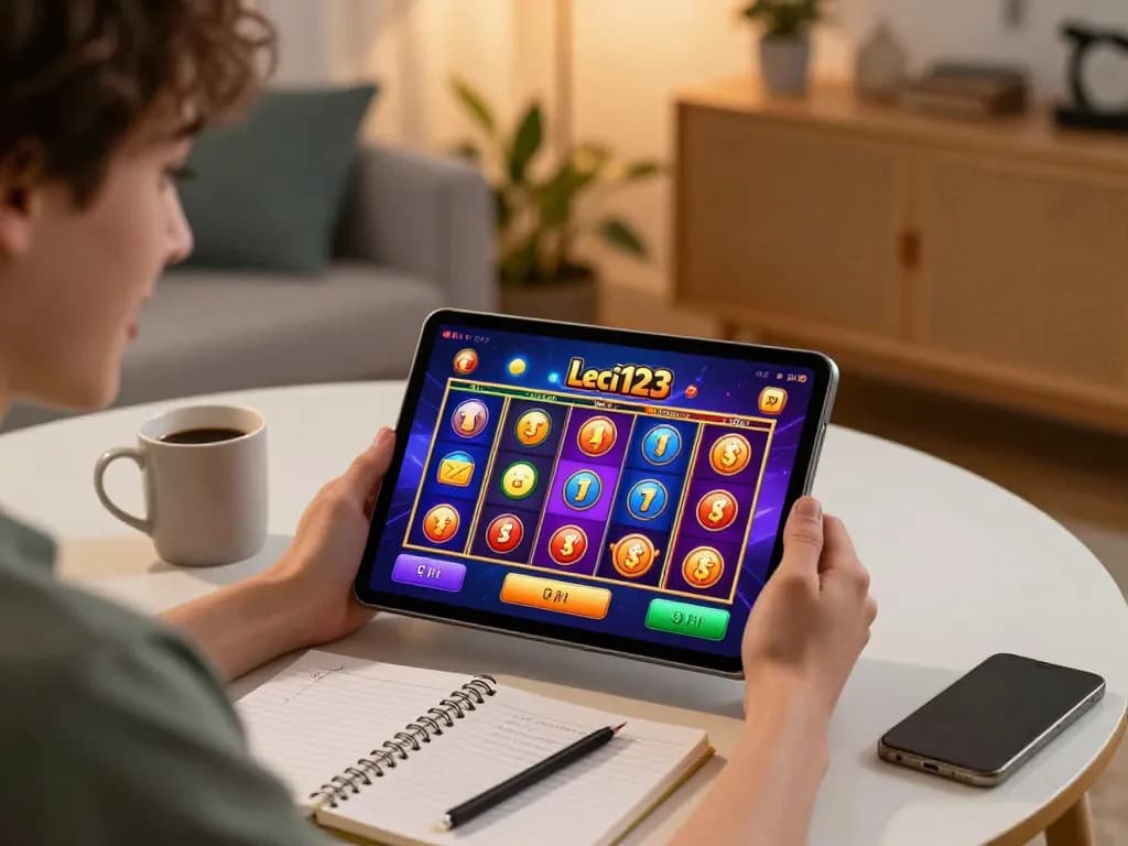 Pemain yang terlibat menikmati situs Leci123 sambil bermain slot di tablet mereka dalam suasana rumah yang nyaman.