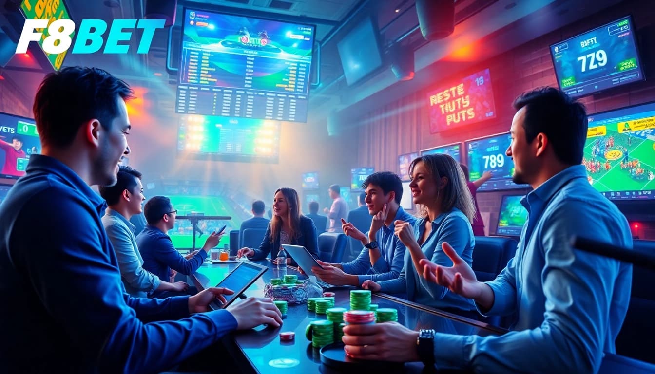 Dynamic online betting atmosphere showcasing F8BET.io's engaging platform with players and digital interfaces.