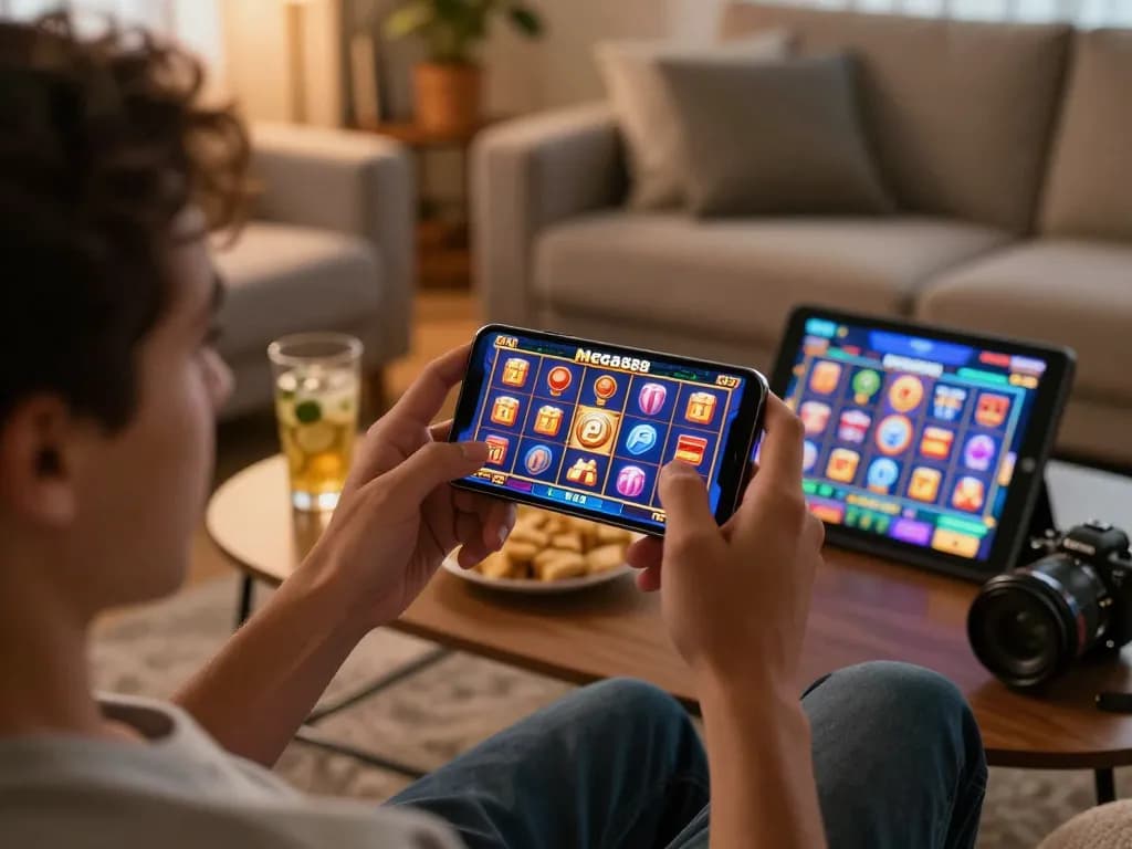 Mega888 original download ios showcased on a smartphone screen during exciting gameplay at home, casual setting with drinks.