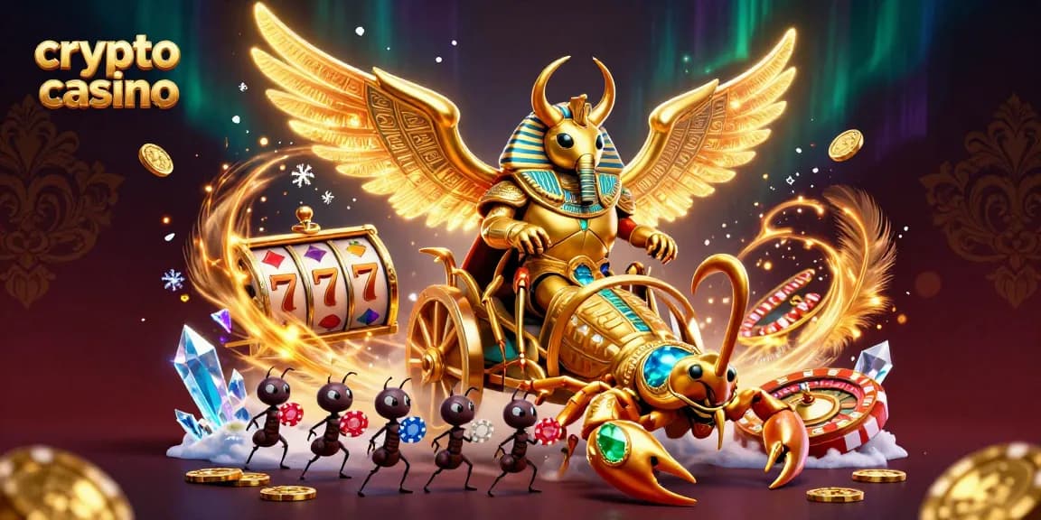 Engage with the vibrant energy of a crypto casino featuring a colossal scarab beetle chariot amidst dynamic game elements.