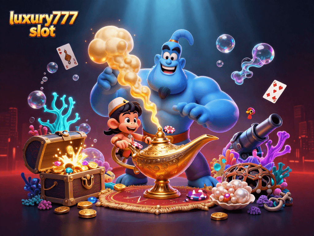 Permainan kece luxury777 slot dengan lampu genie dan koin emas yang melimpah.