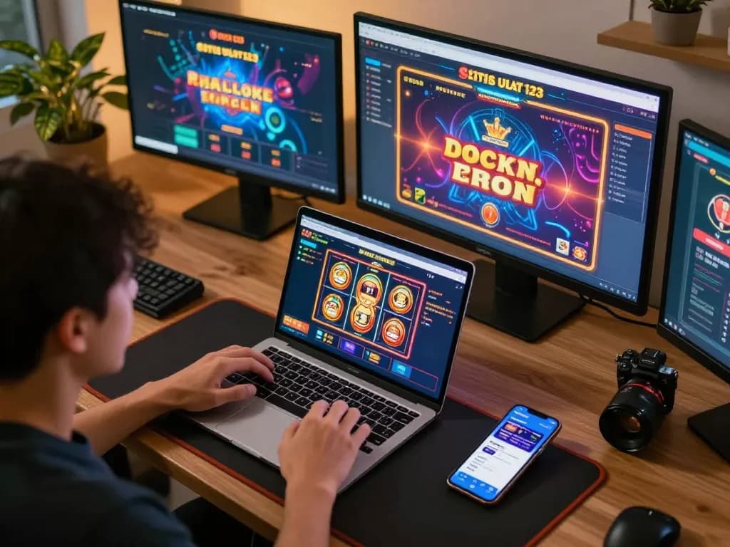 Engaging in situs ulat123 online gambling with smartphones and laptops in a cozy setting.
