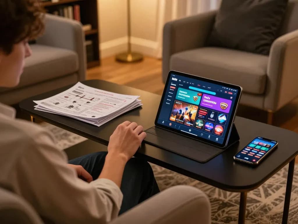 Player enjoying iWin casino app on tablet in a cozy home setting, showcasing strategic gaming