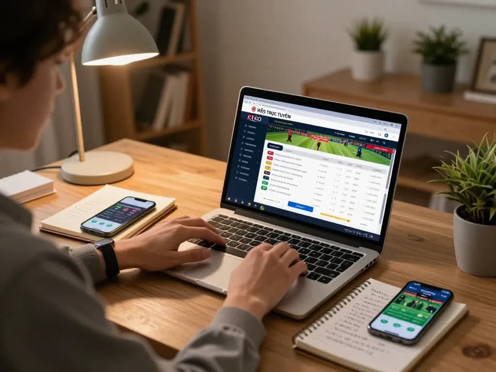 KÈO TRỰC TUYẾN used for online sports betting strategy with live match odds displayed on a laptop.