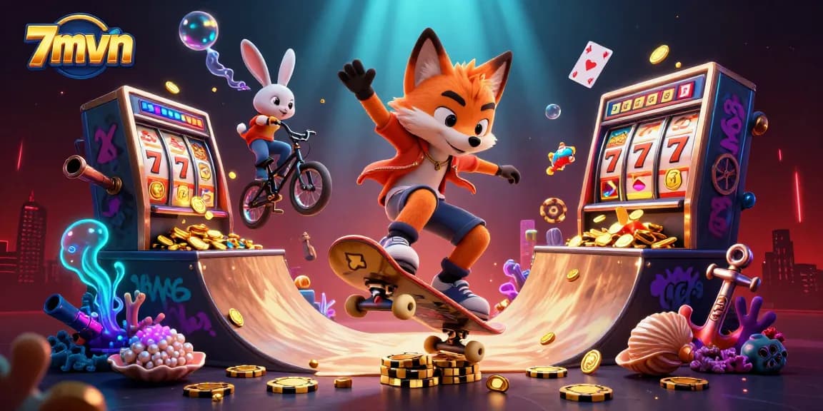 Watch 7mvn's skateboarding fox and rabbit perform tricks amidst golden poker chips and casino excitement.
