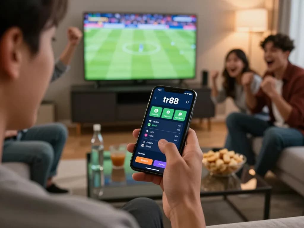 Engaging moment with app tr88 as a person enjoys mobile sports betting with friends in a lively living room.