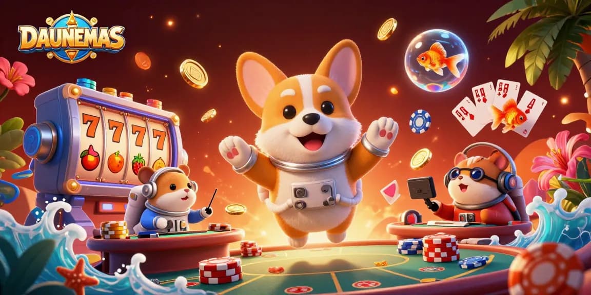Engage with DAUNEMAS in a vibrant 3D casino scene featuring a floating astronaut corgi and dynamic gaming elements.