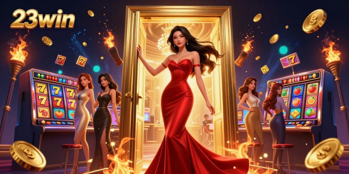 Experience thrilling gaming action with 23win as an Asian woman stands brightly lit in a VIP casino doorway.