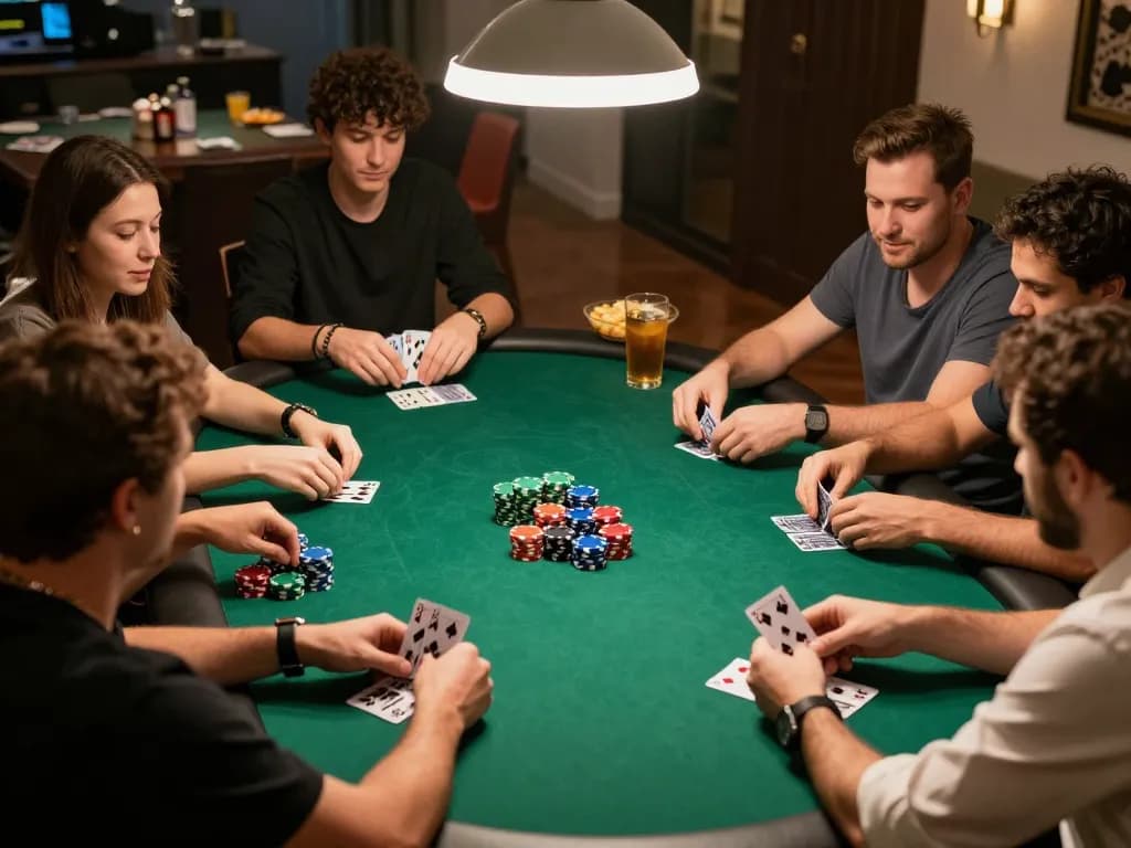 Pemain yang terlibat dalam malam poker santai di rumah, menekankan permainan strategis dan kesenangan, terhubung dengan weliveincanada.