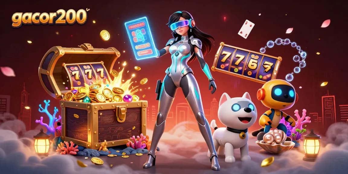 Engage in thrilling games at gacor200 with vibrant slot reels and interactive holographic elements.