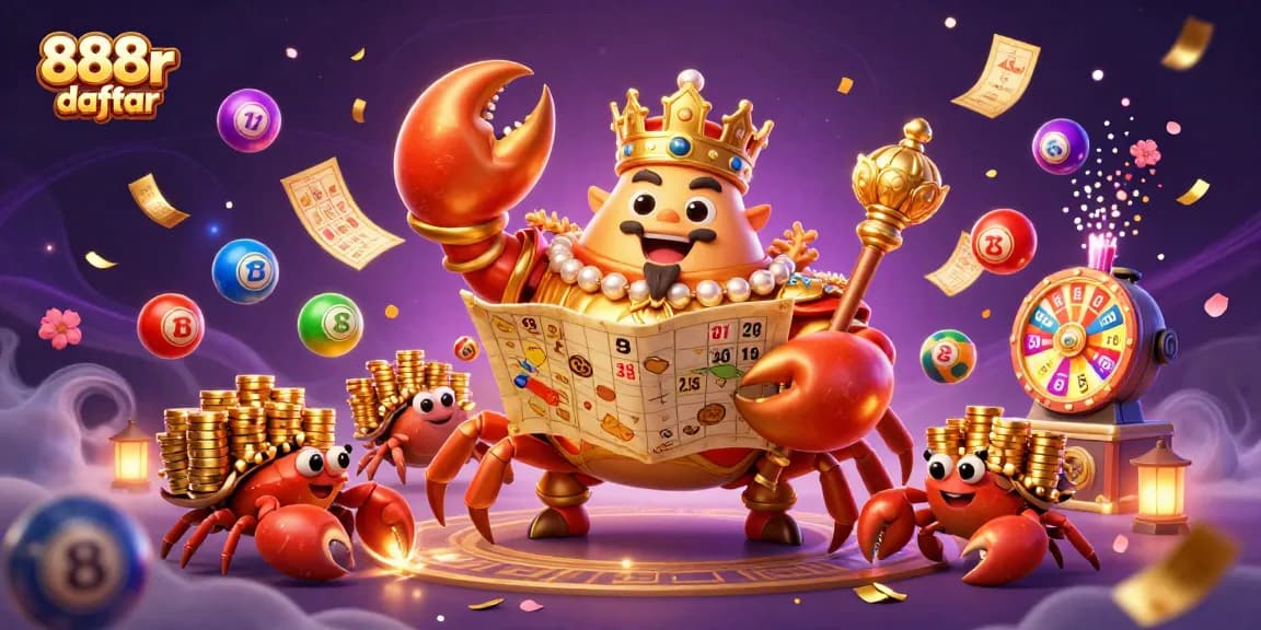 Engage with 888r daftar through an enchanting scene of a golden crab emperor presiding over a dynamic casino experience.