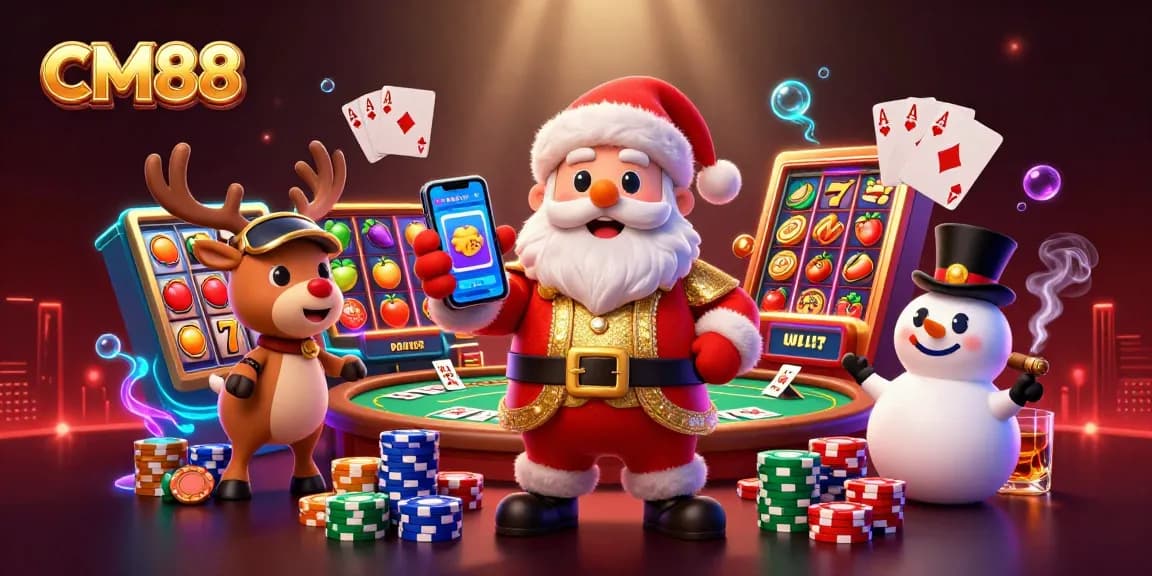 Engage with CM88's thrilling slot gaming experience featuring a festive Santa and friends.