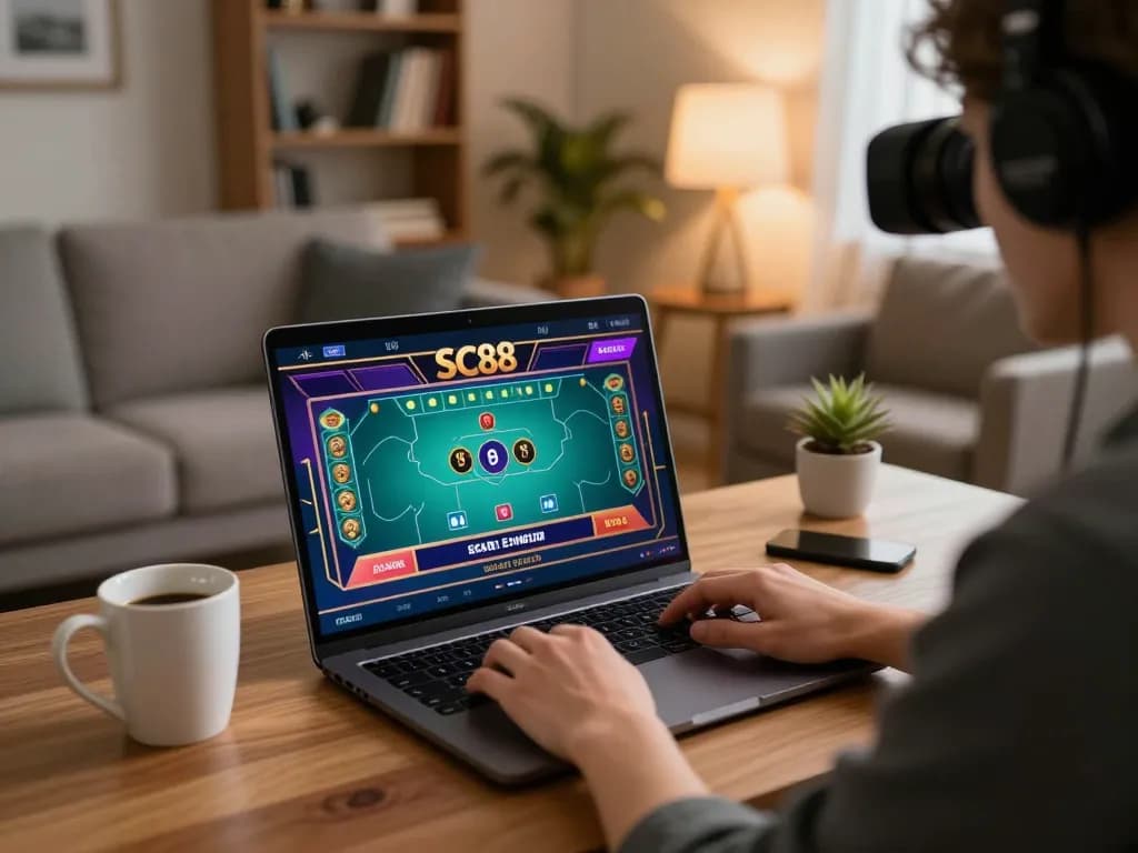 Player enjoying SC88's online gaming on a laptop in a cozy home environment, showcasing engagement and strategy.