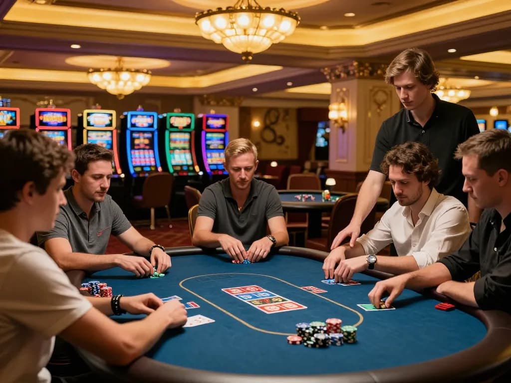 Players at a fly88 poker table strategizing bets in an upscale casino environment.