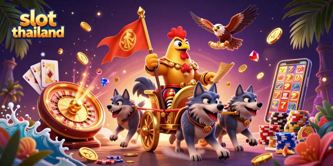 Experience excitement with slot thailand as the rooster warlord leads a vibrant 3D casino scene.