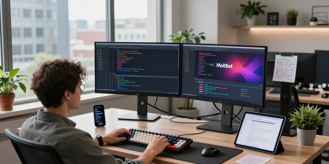 MoltBot development workspace with dual monitors showcasing coding, mechanical keyboard, and vibrant office environment for tech professionals.