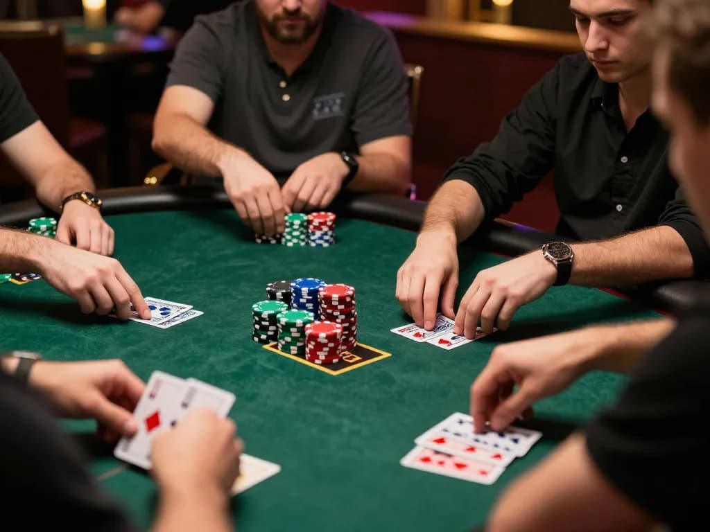 King33 players strategizing during a live poker game, showcasing intense competition and engagement.