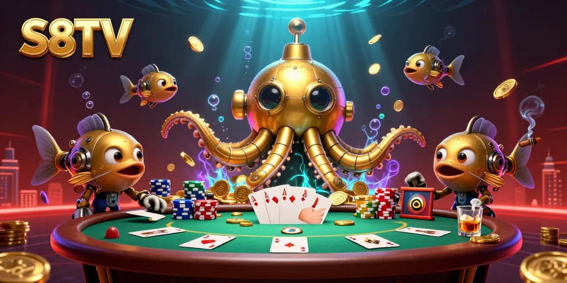 S8TV showcases an exciting scene with a golden kraken submarine and mechanical fish amid poker elements, capturing casino excitement.