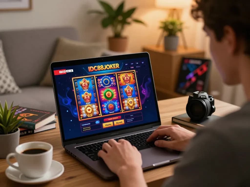 Player engaging with IDC88JOKER gaming platform at home, showcasing online casino excitement