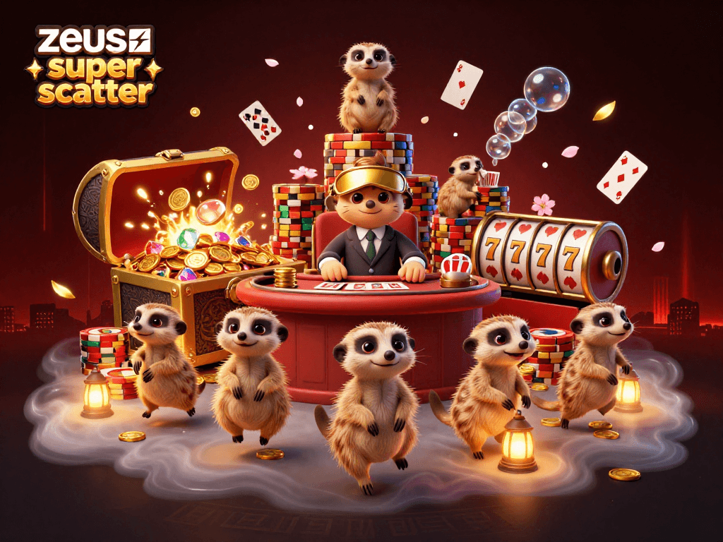 Engage with zeus super scatter as meerkats run a vibrant casino operation amidst treasure and lucky symbols.