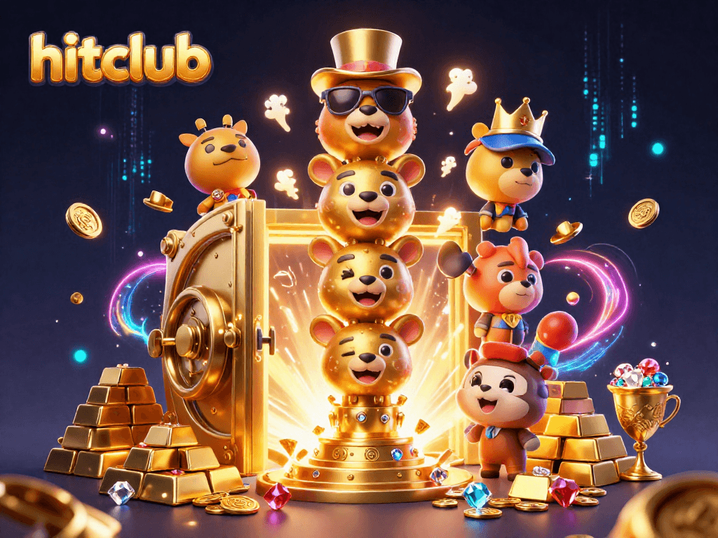 Join the excitement at hitclub with this vibrant 3D casino totem illustration showcasing golden treasures and animated game elements.
