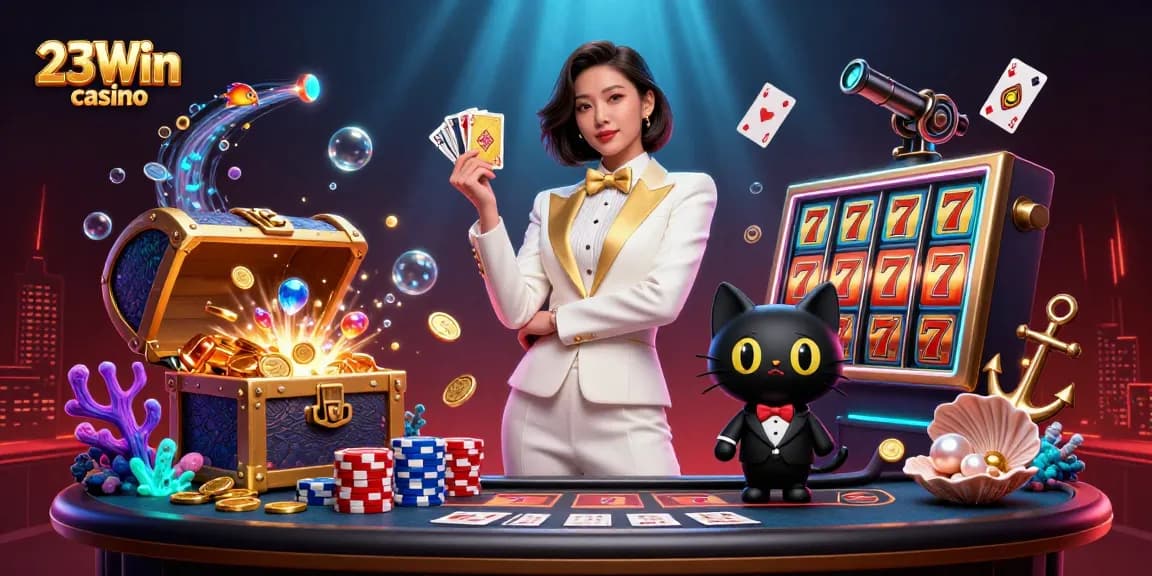 Play Slots at 23Win casino with a glamorous dealer and dynamic game elements in a vibrant 3D setting.