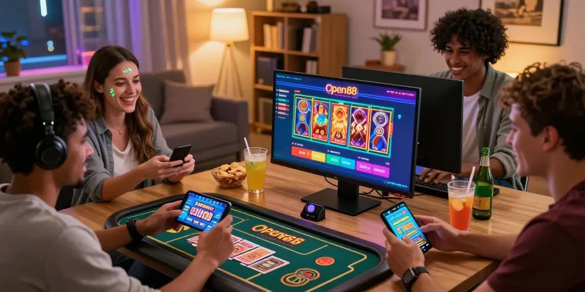 Friends enjoying games on Open88 COM platform in a cozy setting.