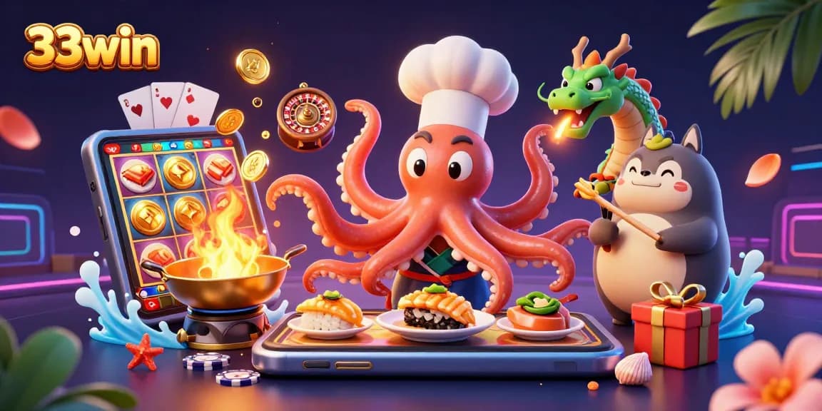 Play slot games at 33win with a colorful, vibrant casino scene featuring a lively octopus chef and dragon.
